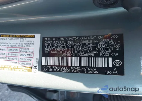 2007 Toyota Camry Xle from USA, damaged, VIN JTNBE46K173068998
